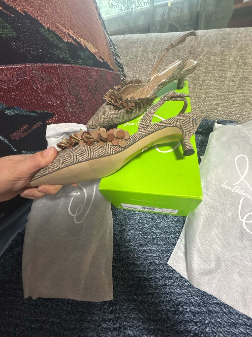 Sam Edelman Trent Brown Fabric Slingback Kitten Heel Pumps - Picture 2 of 3